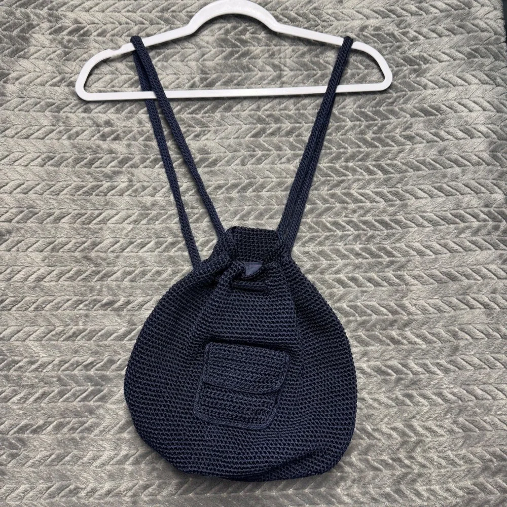 The Sak Crochet Drawstring Backpack Small Navy Blue‎ Excellent Knit Boho (2030)